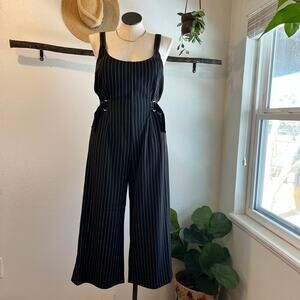 Silence & Noise Black Pinstripe Wide Leg Cropped Belted Overalls Size XL